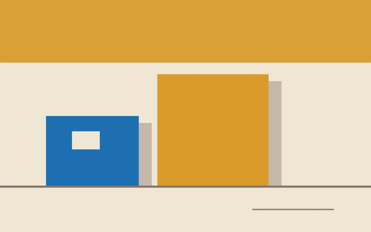 Düz renk düzlemleri, sert gölge ve tek açıklıktan oluşan soyut kütle kompozisyonu